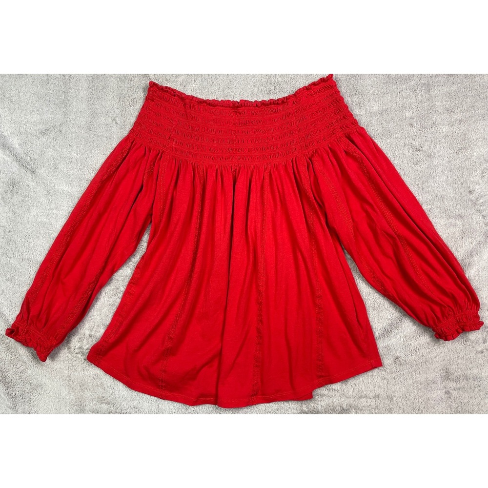 Lauren Ralph Lauren Red Smocked Off-the-Shoulder Long Sleeve Blouse Top Size L